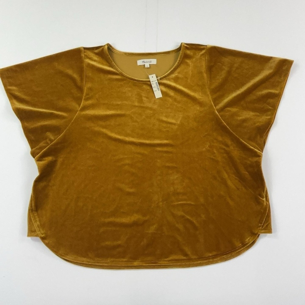 Madewell Blouse Womens L Gold Velvet Crew Neck Short Sleeve Stretch Dolman Top
